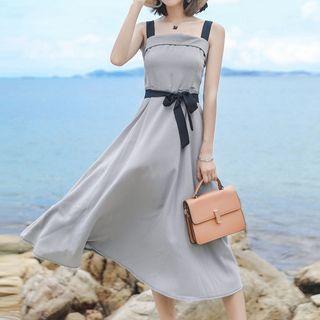 Spaghetti Strap Tie-waist Midi A-line Dress
