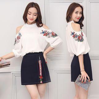 Set: Flower Embroidered Cut Out Shoulder 3/4 Sleeve Top + Flower Embroidered Strap A-line Skirt