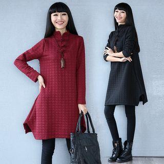 Mandarin Collar Houndstooth Long Sleeve Dress