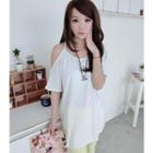 Short-sleeve Cutout Shoulder Long Top White - One Size