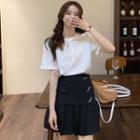 Short-sleeve Bow-front T-shirt / Pleated Mini A-line Skirt