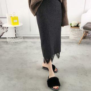 Lace Panel Midi Knit Skirt