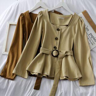 Square-neck Plain Blouse With Belt