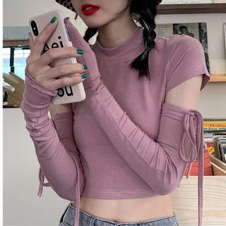 Set: Short-sleeve Mock-neck Crop Top + Arm Sleeves