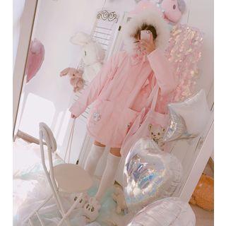 Faux Fur Trim Hooded Padded Coat Pink - One Size