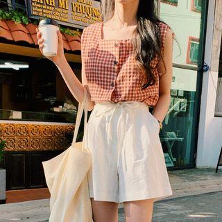 Plaid Square Neck Camisole / Tie-waist Crop Shorts