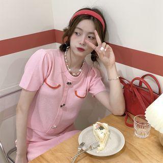 Set: Short-sleeve Knit Top + Mini A-line Skirt Set - Pink - One Size