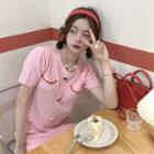 Set: Short-sleeve Knit Top + Mini A-line Skirt Set - Pink - One Size