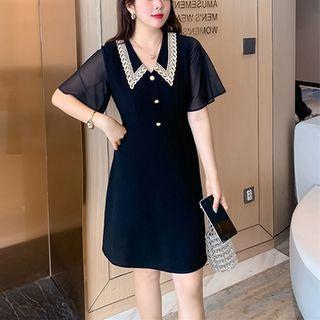 Short-sleeve Collar Lace Trim Sheath Dress