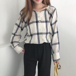 Check V-neck Long-sleeve Shirt