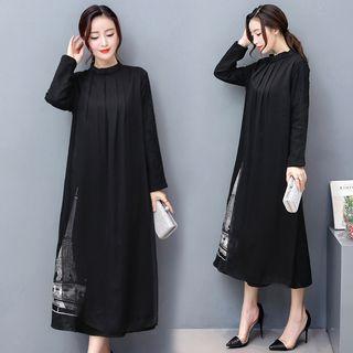 Printed Panel Mock Neck Long Sleeve Midi Dress