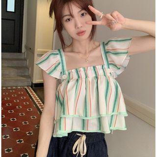 Ruffle Sleeve Square Neck Striped Top Stripe - Green - One Size