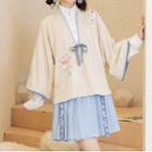 Set: Floral Embroidered Tie-strap Jacket + Pleated Mini A-line Skirt