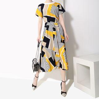 Short-sleeve Pattern A-line Midi Dress Yellow - One Size