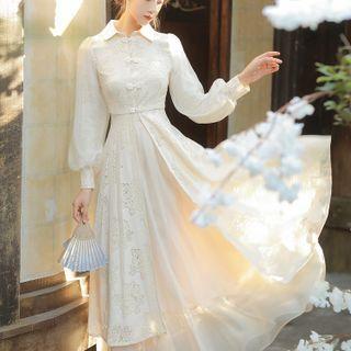 Set: Lantern-sleeve Frog-button Top + Maxi A-line Skirt