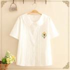 Collared Short-sleeve Bear Embroidered Blouse