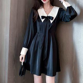 Contrast Collar Bow Mini A-line Dress