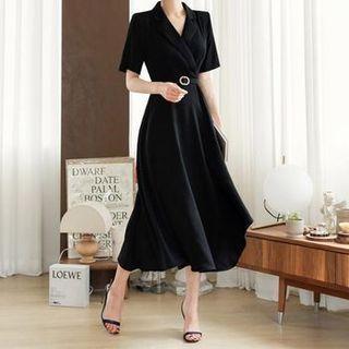 Notch-collar Long Wrap Dress With Belt