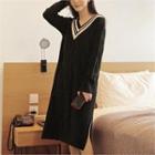 V-neck Contrast-trim Knit Dress Black - One Size