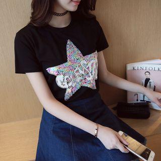 Loose-fit Sequined Star Print Short-sleeve Top