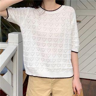 Elbow-sleeve Eyelet Knit Crop Top
