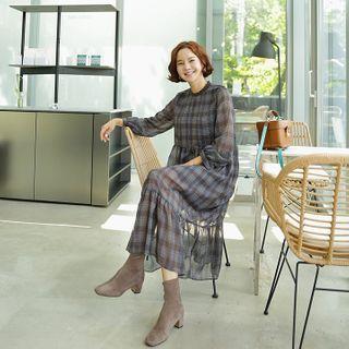 Shirred Long Chiffon Plaid Dress
