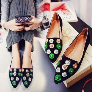 Flower Sequined Pointed Flats