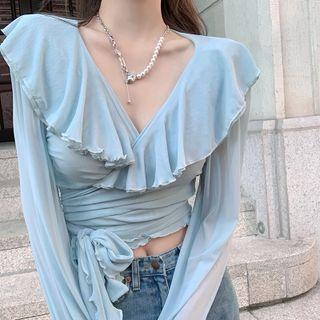 V-neck Ruffled Cropped Blouse Blue - One Size