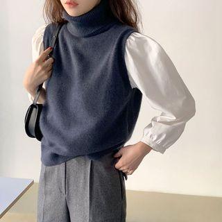 Long-sleeve Plain Shirt / Plain Mock Neck Knit Tank Top