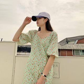 Puff-sleeve Floral Dress Mint Green - One Size