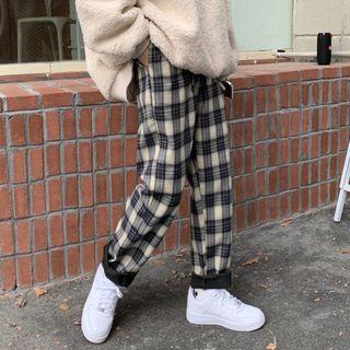 Plaid Straight Leg Pants Plaid - Black & Beige - One Size