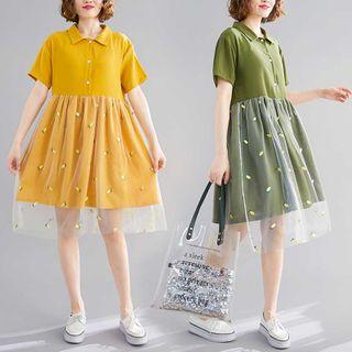 Short-sleeve Mesh Overlay Mini A-line Polo Shirt Dress