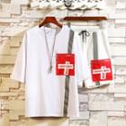 Set: Pocket Detail Elbow-sleeve T-shirt + Drawstring Shorts