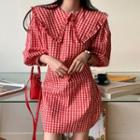 Long-sleeve Doll-collar Gingham Mini Dress