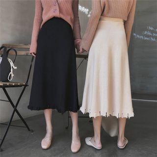Distressed A-line Midi Knit Skirt