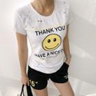 Round-neck Perforated Printed T-shirt