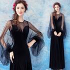 Mesh Panel Balloon-sleeve A-line Evening Gown