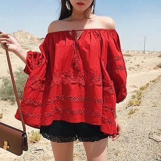 Lantern-sleeve Drawstring Crochet-trim Top