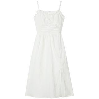 Plain Ruffled-trim Ruched Spaghetti-strap Dress