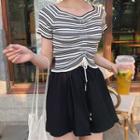 Short-sleeve Stripe Knit Top / Chiffon Skort