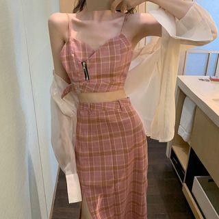 V-neck Plaid Camisole Top / Front Slit Midi Straight-fit Skirt / Plain Shirt / Set