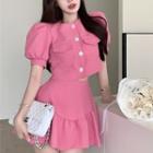 Set: Puff-sleeve Button-up Top + Mini A-line Skirt
