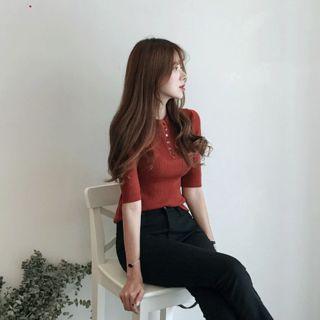Buttoned Crew-neck Knit Top