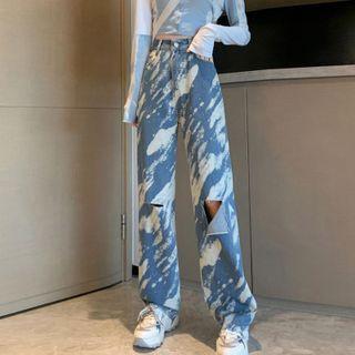 Distressed High Dyed Wide Leg Jeans