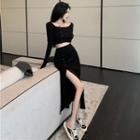 Wide-neck Button-up Crop T-shirt / Slited Midi Skirt