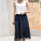 Band-waist Denim Tulle Skirt Blue - One Size