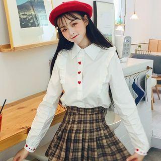 Heart Embroidered Ruffle-trim Shirt White - One Size