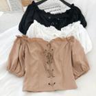 Plain Off-shoulder Puff-sleeve Lace Up Crop Top