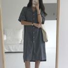 Pinstriped Short Sleeve Shirt Dress As Shown In Figure - One Size