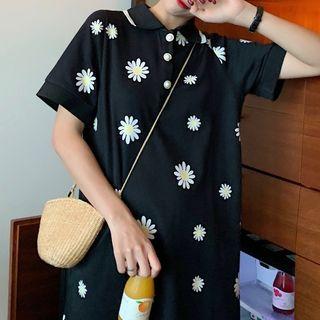 Short-sleeve Floral Mini Polo Dress Black - One Size